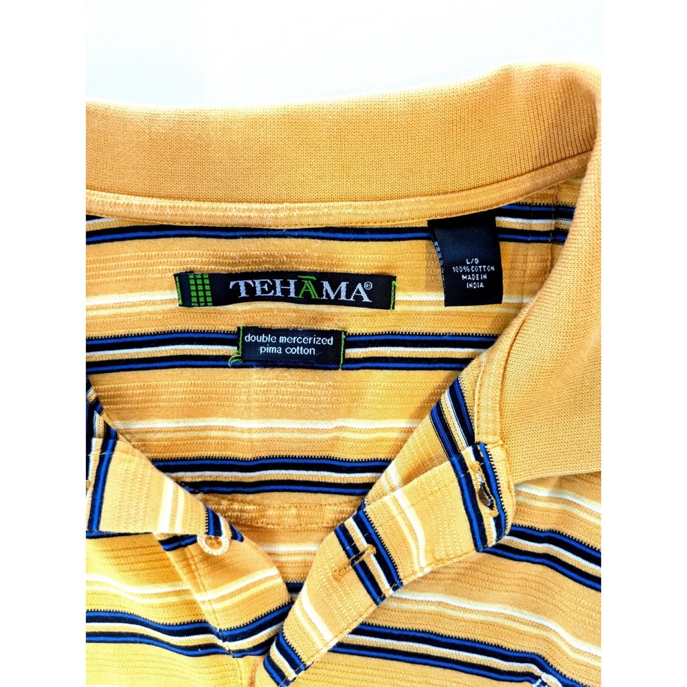 Tehama Mens L Polo Shirt Yellow Striped Double Mercerized Pima Cotton Golf S/S